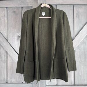J. Crew 100% Cotton Olive Green open front Cardigan Pockets casual layering warm